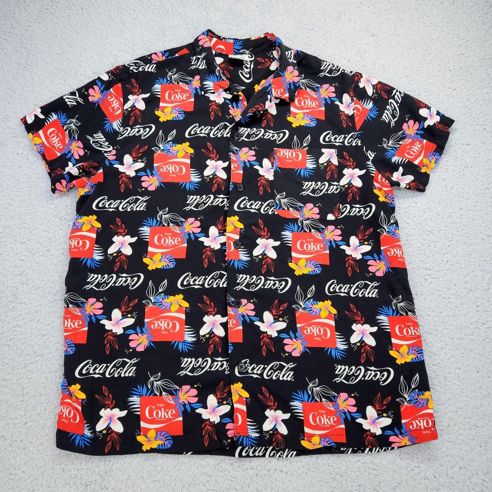 Coca-Cola Shirt Mens Large Black Tropical Hawaiian Short Sleeve Button Up Logo
